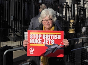 Hilary at hand-in of CND co-ordinated letter at Downing St opposing the planned purchase of US-made F-35 aircraft and nuclear free-fall bombs that would be stored at RAF Marham.